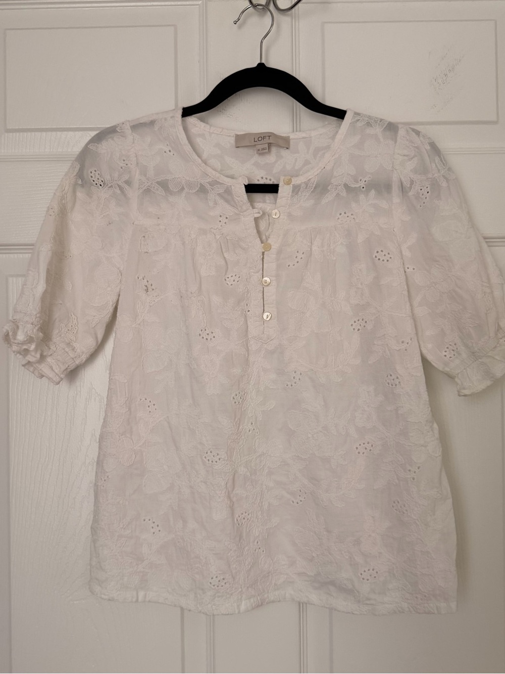 LOFT White Eyelet Floral Henley Blouse